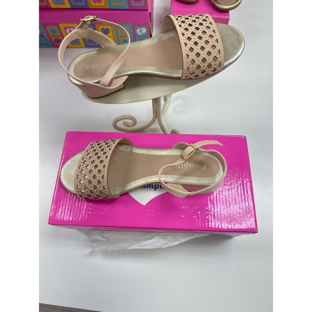 Pampili Girls Pink Gold Rhinestone Laser Cut Dress Sandals Ankle Strap New